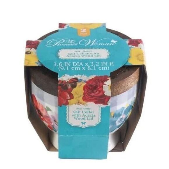 Pioneer Woman™ ~ Stoneware Salt Cellar ~ Acacia Lid ~ SWEET ROMANCE ~ 3.6 x 3.2 - Picture 6 of 6
